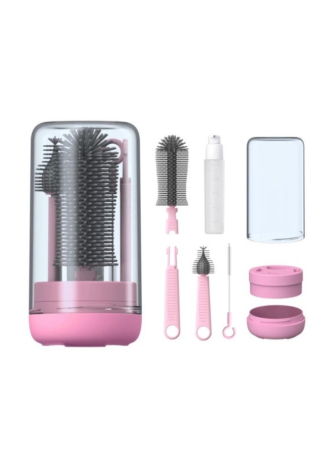 طقم فرشاة تنظيف زجاجات الرضاعة المحمول للسفر مع كوب تخزين، فرش من السيليكون والبلاستيك ABS، مقبض قابل للتمديد، فرشاة للحلمة، موزع صابون، تصميم صغير الحجم وصحي - متعدد الألوان - Image 2